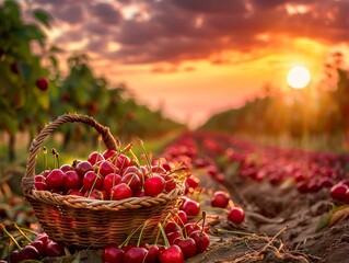 A field of cherries under a sunset, a basket ready for harvest  golden hour, wide angle,  - obrazy, fototapety, plakaty