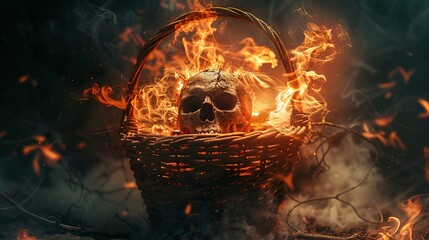Basket engulfed in flames with a skull atop, twilight hues, wide lens, apocalyptic fantasy,  - obrazy, fototapety, plakaty