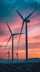 Wind turbines at sunset, vibrant sky, wide landscape shot, pr