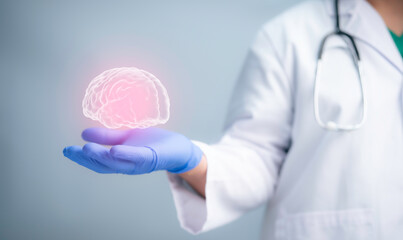 A medical worker hand holding brain analysis and medicine. Mental health protection, care, medical and treatment concept.