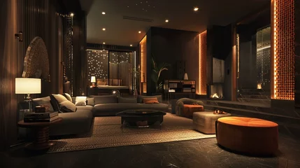 Fotobehang Stylish studio lounge area bathed in warm, dim lighting, perfect for relaxing after a long day's work. © Balqees