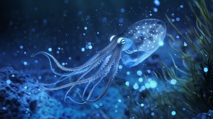 Illustration of bioluminescent squid in defensive mode, using light to deter predators no dust