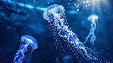 Glowing jellyfish swimming in the deep ocean, illuminating the dark waters around them no dust