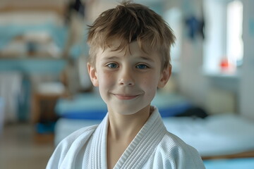Portrait of a young boy in judo suit at a training hall