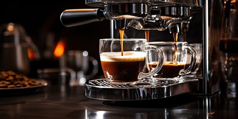 A stream of espresso flows gracefully from the coffee machine, promising a moment of pure indulgence.