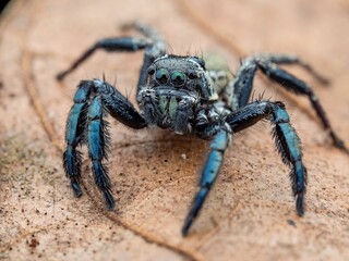 Closeup shot of a black and blue spider on a brown leaf surface