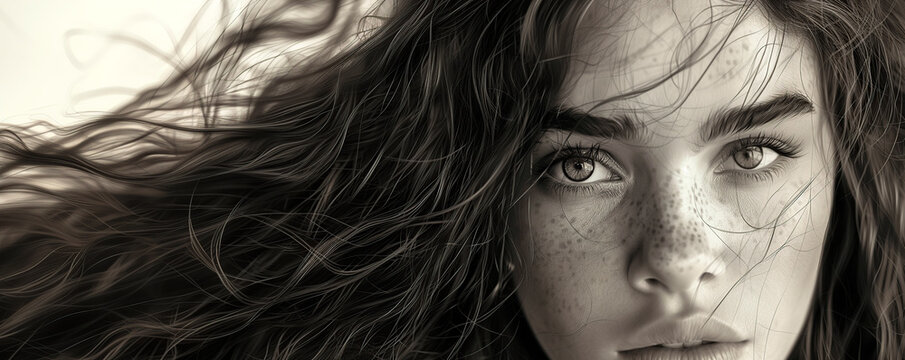 Banner de mujer con mirada penetrante y pelo largo