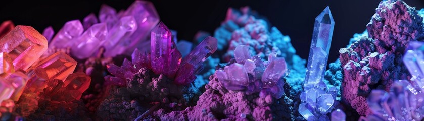 Fluorescence in minerals and organisms, vibrant colors under UV light hyper realistic - obrazy, fototapety, plakaty