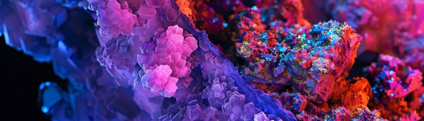 Fluorescence in minerals and organisms, vibrant colors under UV light hyper realistic - obrazy, fototapety, plakaty