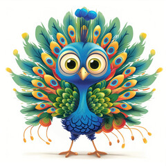 Cute Funny Cartoon Peacock, Illustration for Children Book, Generative AI