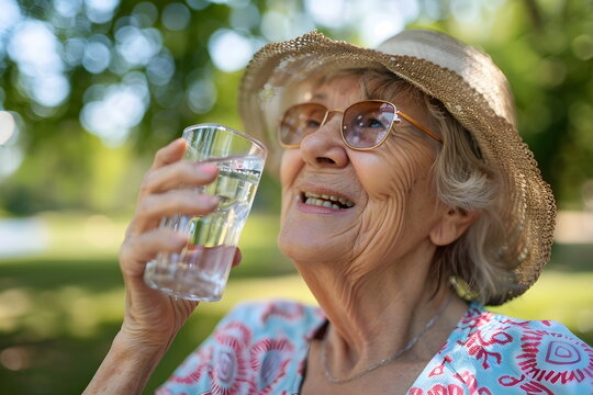 Portrait of an elder woman holding a glass of water - Powered by Adobe