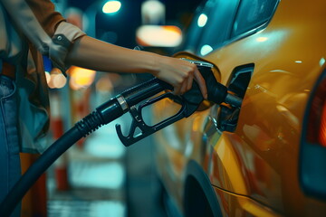 Closeup of a hand filling up gas with the hose at a gas station - obrazy, fototapety, plakaty