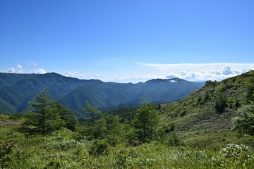 Fototapeta na wymiar Scenic view of green mountains on a sunny day