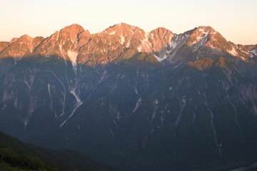 Scenic view of a mountain range at sunset