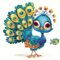 Cute Funny Cartoon Peacock, Illustration for Children Book, Generative AI