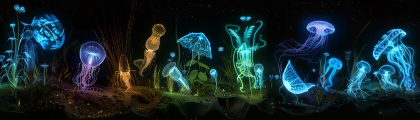 Comparative visualization of bioluminescent species from around the world, highlighting diversity no dust