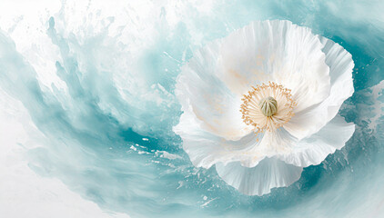 Biały kwiat mak. Turkusowe tło, abstrakcyjne - obrazy, fototapety, plakaty