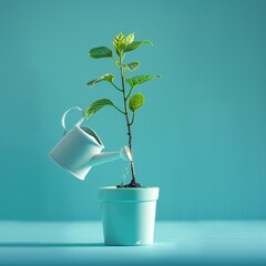A watering can pouring onto a money tree - obrazy, fototapety, plakaty