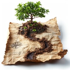A treasure map leading to a growing money tree on a clear background