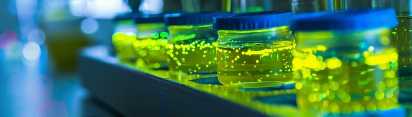 Bioluminescent bacteria culture in a lab, used for scientific research and medical applications no splash - obrazy, fototapety, plakaty