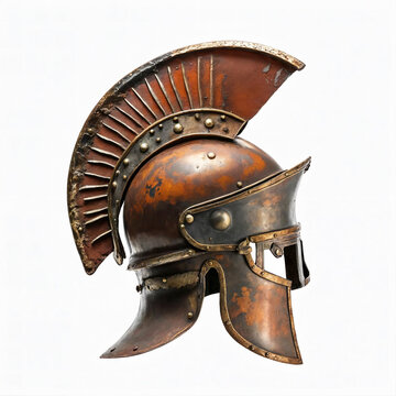 rusty steel Roman Centurion Helmet With Red Crest isolated on white background. Bronze rusted Ancient Greek hardhat. Ancient Roman helmet, vintage soldier armor to protect in battle.  wars of Empire