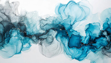 Akwarela, niebieskie tło Abstrakcyjny wzór dym i fale. Nowoczesny deseń.  Styl ink painting