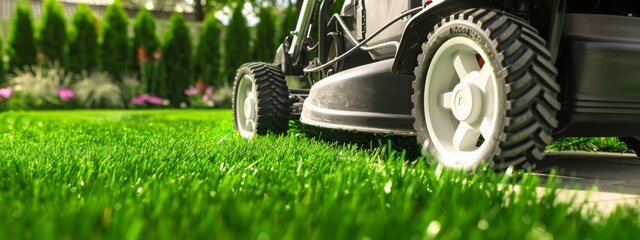 Lawn mower cutting emerald grass in backyard, mowing lawn - obrazy, fototapety, plakaty