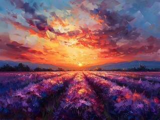 Vibrant Sunset over Lavender Fields in Scenic Countryside Landscape - obrazy, fototapety, plakaty