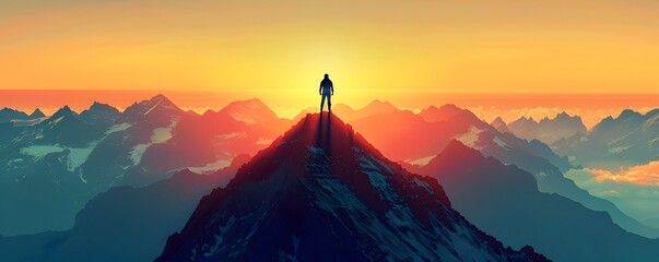Silhouetted Figure Atop a Majestic Mountain Peak Symbolic of Visionary Leadership and Triumphant Achievement - obrazy, fototapety, plakaty