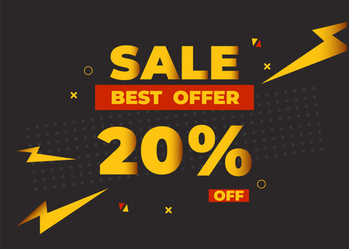 20% off sale best offer. Sale banner with twenty percent of discount, coupon or voucher vector illustration. Yellow and red template for campaign or promotion.