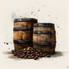 Aged Oak Barrels Overflowing with Roasted Coffee Beans Deepening Flavors in a Rustic Atmospheric Setting