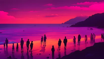 Wall murals Pink sunset at the beach with people