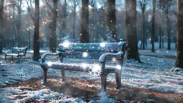 Behold a polished metal bench amid the wintry park scenery, an ideal 4K Christmas looping background.