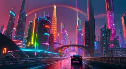 Neon city with futuristic architecture. A car driving through a neon-lit metropolis under a rainbow arc. Concept of modern urban exploration, colorful city life, and cyberpunk aesthetics.