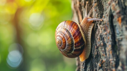 A snail slowly climbs up the rough bark of a tall tree, showcasing its determination and unique adaptation