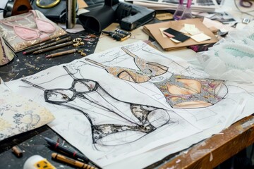 A creative corner with detailed sketches of lingerie designs and tools, suggesting the design process illustration of a fashion designer's studio with sketches of lingerie designs
