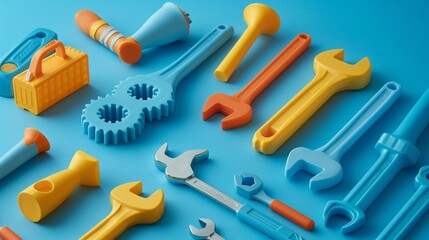 Toy tool set with plastic hammers, wrenches, and screwdrivers, encouraging pretend construction and tinkering. - obrazy, fototapety, plakaty