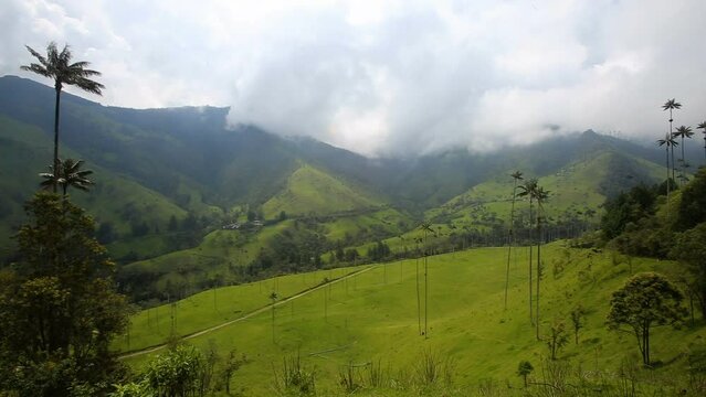 Green field surrounded by green mountains and jungles under the cloudy gloomy sky