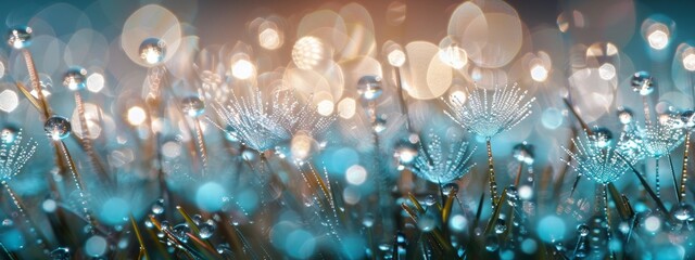 Many dew drops glow and sparkle in sun in morning fresh wet grass in nature. Beautiful bokeh circles. - obrazy, fototapety, plakaty