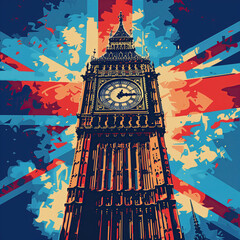 Vector of Big Ben in London with the Union Flag as Background. - obrazy, fototapety, plakaty