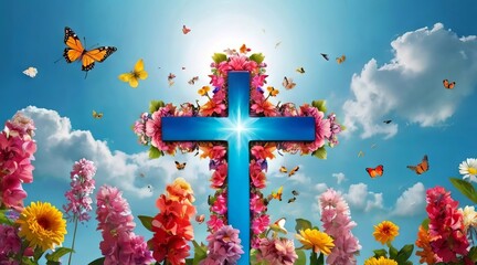 Floral cross under sunny sky with butterflies. Decorative cross surrounded by flowers and butterflies. Concept of Christian symbolism, Easter, spring celebration, religious decoration, and rebirth.