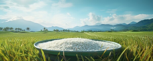 Amidst the gentle rustle of grass and the whisper of leaves, a bowl of rice finds its place in the peaceful embrace of a verdant field.