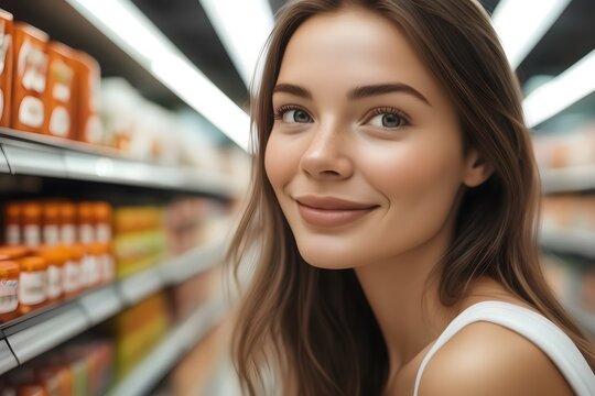 close up on a happy young woman looking at camera in supermarket,grocery, life style and shopping concept