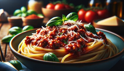 Macro sur Spaghetti Bolognaise traditionnel, gros plan - obrazy, fototapety, plakaty