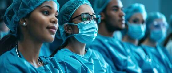 Group of students watching a surgery video, focus on screen, eager learning. 