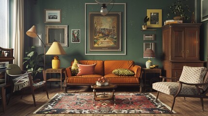 Vintage-inspired living room with retro furniture, antique accents, and nostalgic decor,...