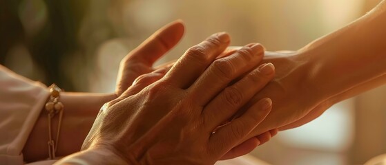 Therapist and patient hands together, support, warm tones, close view. 