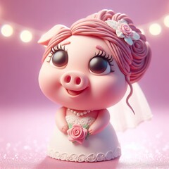 Obraz na płótnie Canvas A cute wedding bride pig, female with big eyes and eyelashes smiling happily, hair in an updo style made of clay material, with a pink color scheme