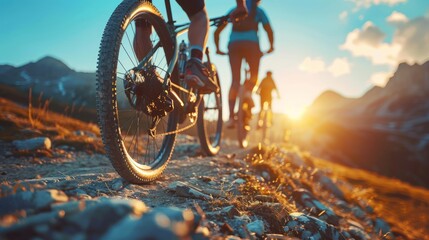 Low angle view of cross country bikers traveling in mountain landscape at sunset - obrazy, fototapety, plakaty