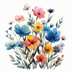 Pastelcolored cartoon wildflowers, watercolor style, vibrant against a white background ,ultra HD,clean sharp focus